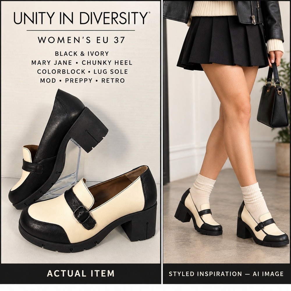 Unity in Diversity Two-Tone Leather Loafers Black Cream Comfort Lug Sole Size 37